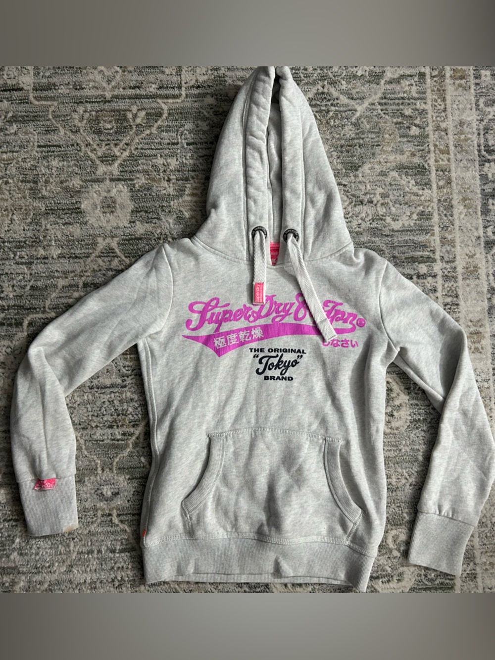 Superdry Light Gray Hoodie with Bright Pink Accents